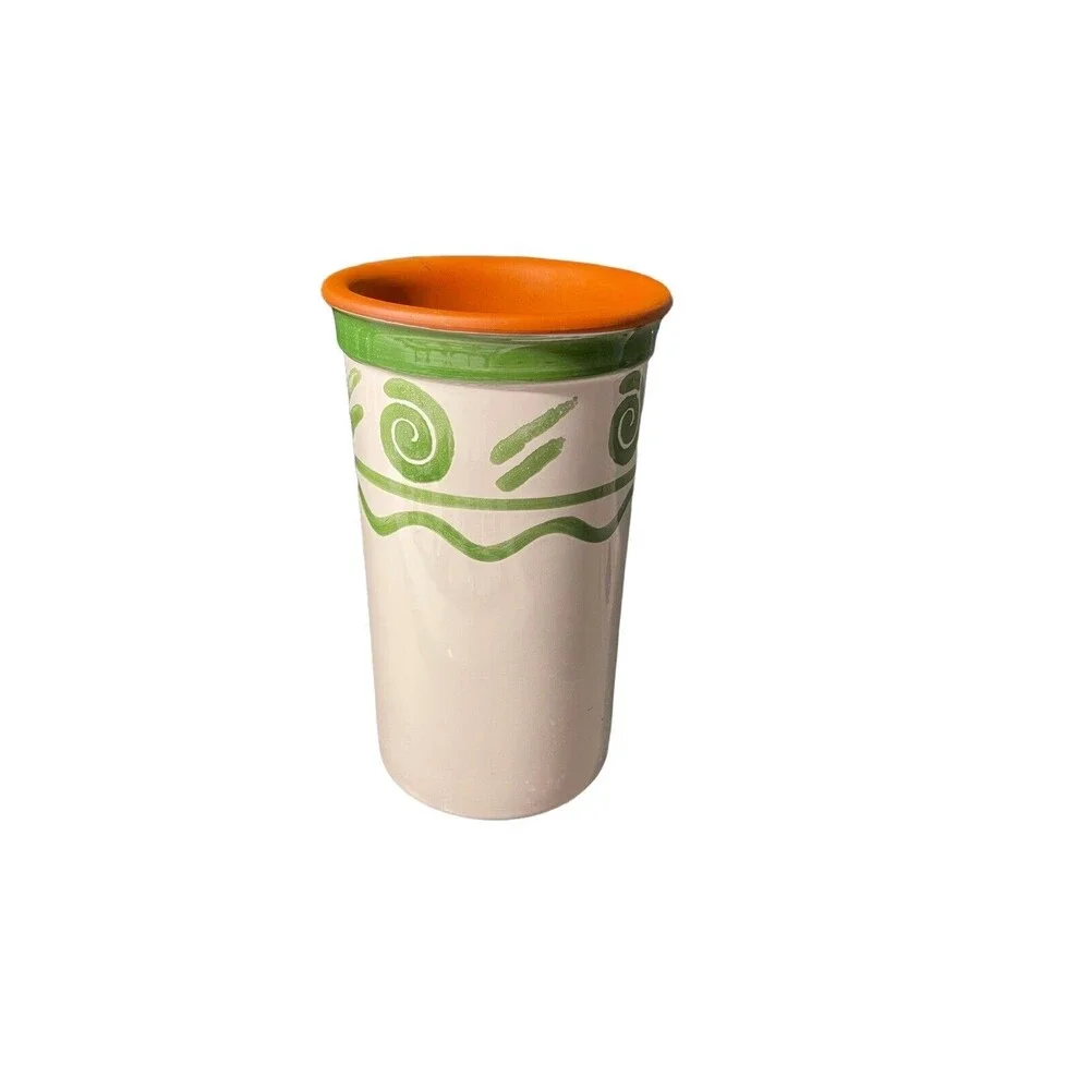 Hand Painted Terra Cotta Wine Chiller/Kitchen Utensil Holder Design Green/White